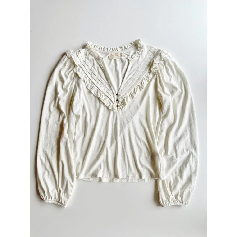 NATION LTD Quintana Ivory Cotton Jersey V-Neck Long Sleeve T-Shirt Top, Size S - Picture 7 of 15